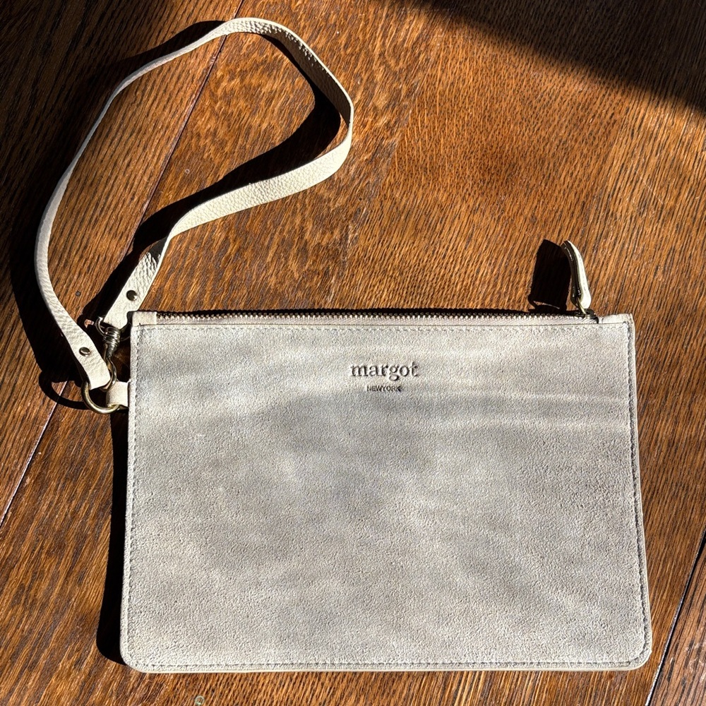 Margot New York Ivory Suede Top Zip Wristlet Wallet Pouch